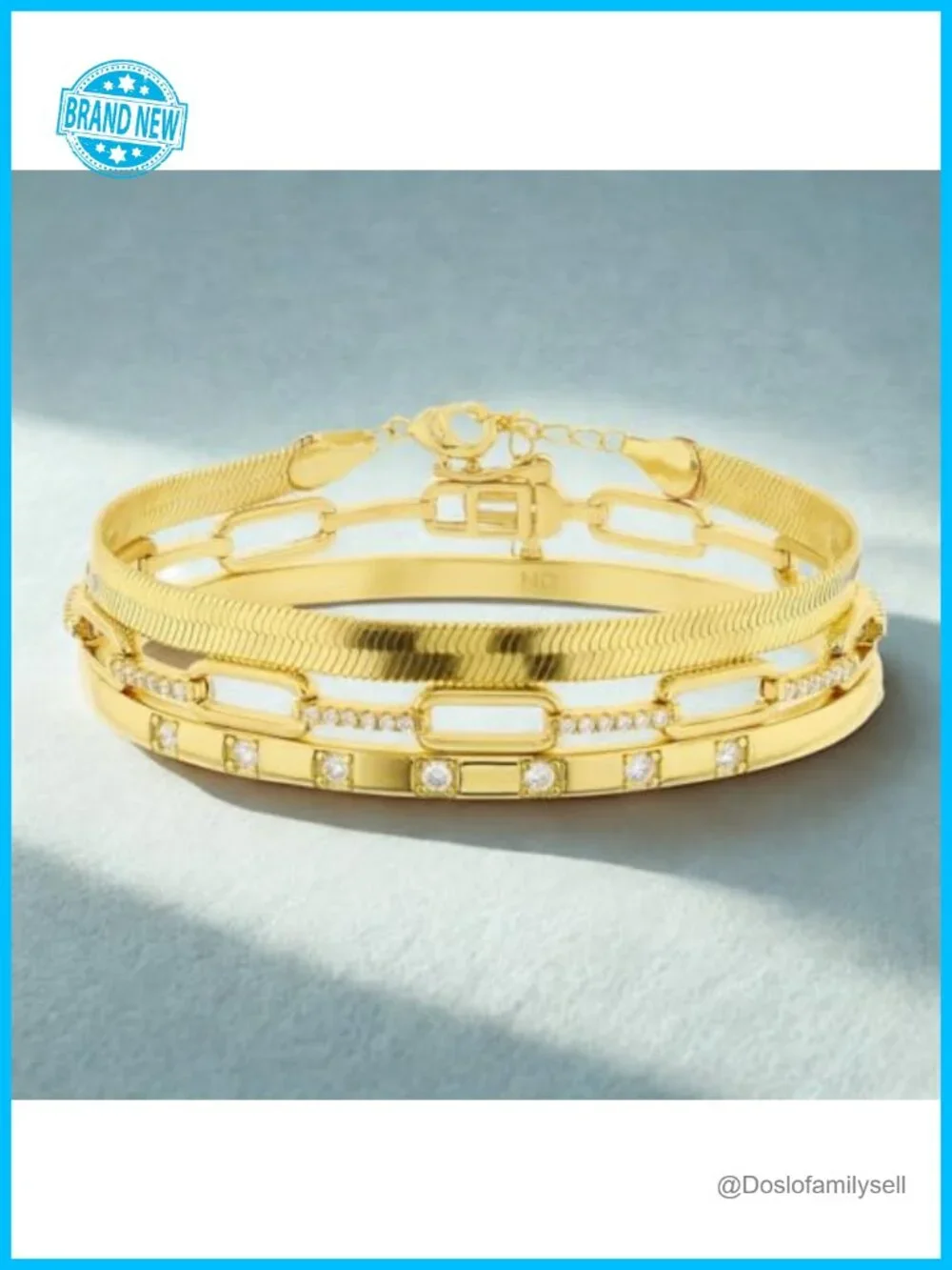 Waterproof Bracelet Set 14K Yellow Gold Plated Brass Cubic Zirconia Stackable